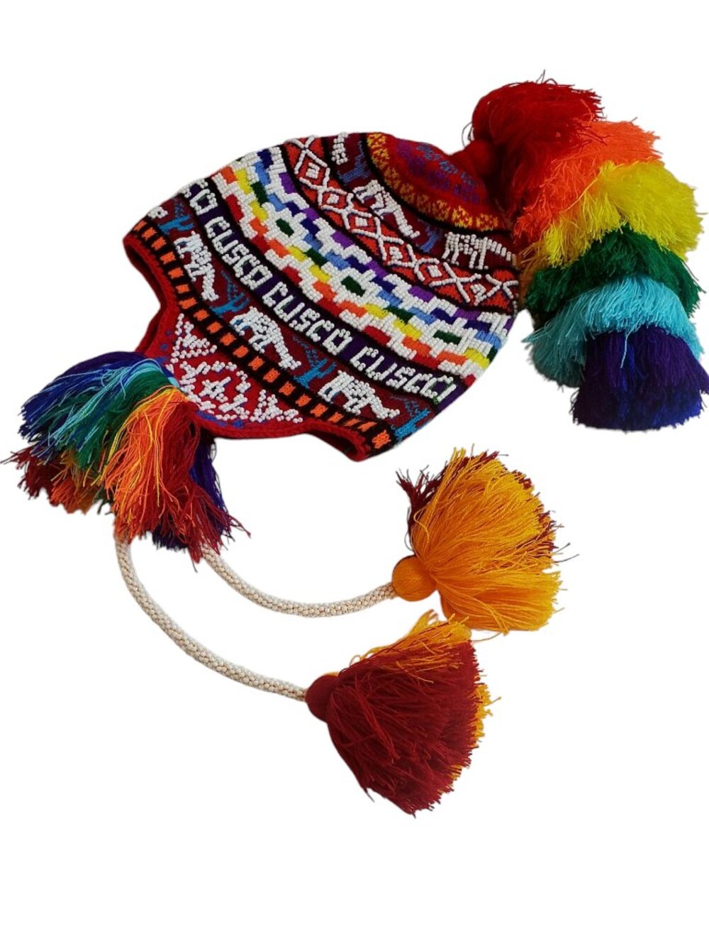 Handwoven Wool with Rainbow , Andean Hat Beanie Chullo Authentic